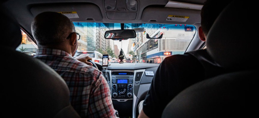 The interior of a ride-hail car.