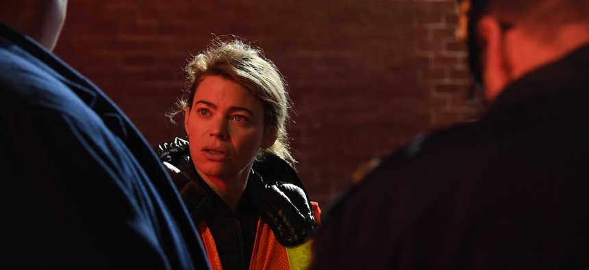Interim NYCT President Sarah Feinberg at the scene of a fire aboard a train at the Central Park North - 110th Street station.