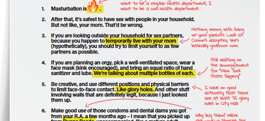 City & State guesses what the first draft of New York City's sex guidelines during COVID-19 was like.