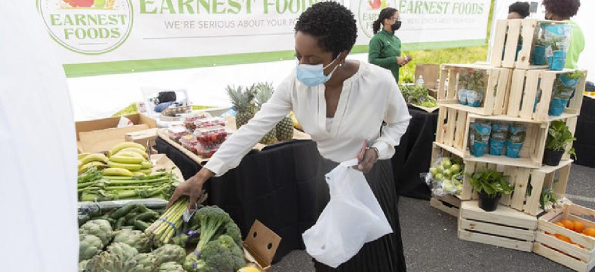 Councilmember Selvena Brooks-Powers at the opening of a farmers market in her Queens district.