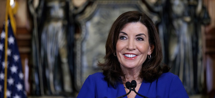 Gov. Kathy Hochul announcing the budget agreement on April 7.