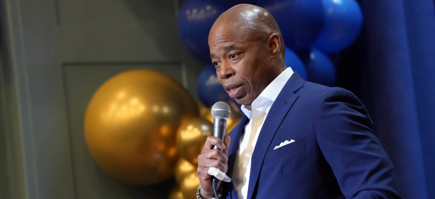 New York City Mayor Eric Adams delivers remarks at City Councilmember Farah Louis’ inauguration at Midwood High School, Brooklyn, N.Y. on March 27, 2022.