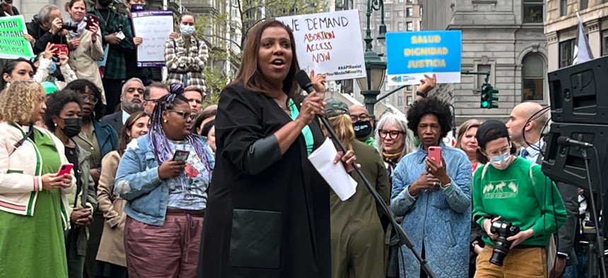 State Attorney General Letitia James speaks at the “Channel your rage into action” rally in Foley Square on Tuesday.