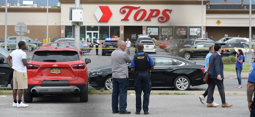 Buffalo Police on scene at a Tops Friendly Market on Saturday, May 14, 2022, in Buffalo, New York. According to reports, at least 10 people were killed after a mass shooting at the store with the shooter in police custody. (Photo by John Normile/Getty Images)