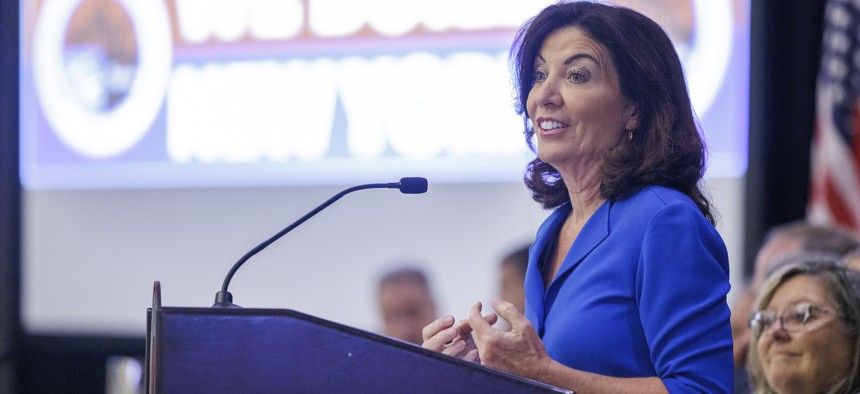 Gov. Kathy Hochul delivers remarks at the New York State Building Trades Conference in Saratoga Springs on Tuesday.