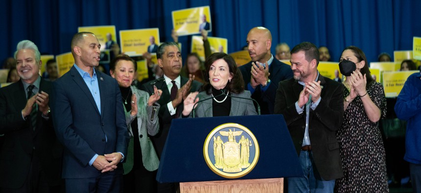 Gov. Kathy Hochul held a press conference with elected leaders in support of her chief judge nominee.