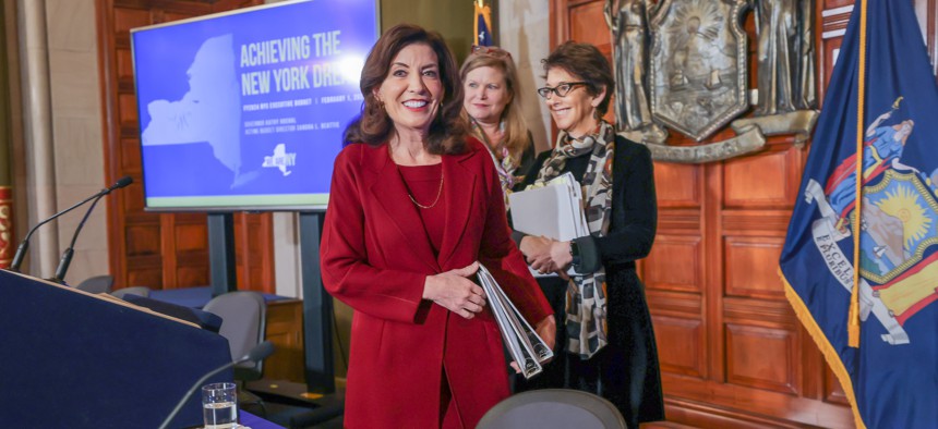 Gov. Kathy Hochul presents her Fiscal Year 2024 Executive Budget proposal in the Red Room at the State Capitol.