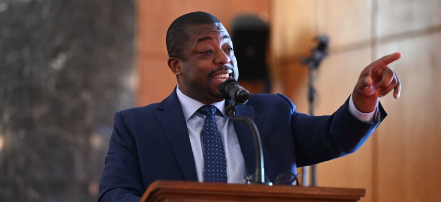 Former Lt. Gov. Brian Benjamin speaks at Mt. Neboh Baptist Church in Harlem on Dec. 12, 2021.