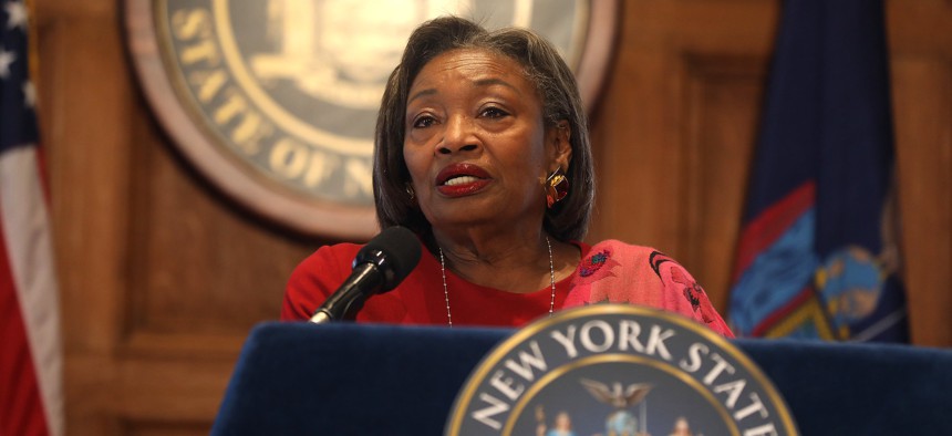 State Senate Majority Leader Andrea Stewart-Cousins speaks at a press conference..