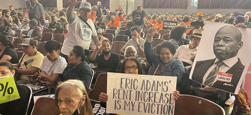 Protestors called for a rent freeze or rollback, and drowned out the board members with their chants.