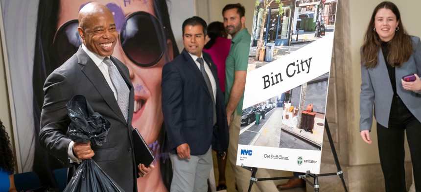 Mayor Eric Adams at City hall Wednesday announced the launch of the next two phases in getting bags of trash off of city sidewalks.