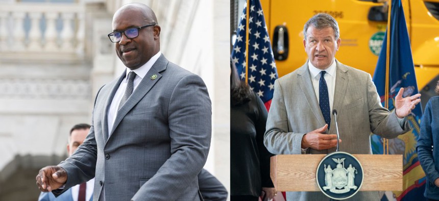 Rep. Jamaal Bowman, left, and Westchester County Executive George Latimer, right