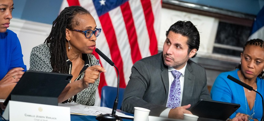 New York City Deputy Mayor Anne Williams-Isom frequently speaks at City Hall press conferences on the influx of migrants and other issues.