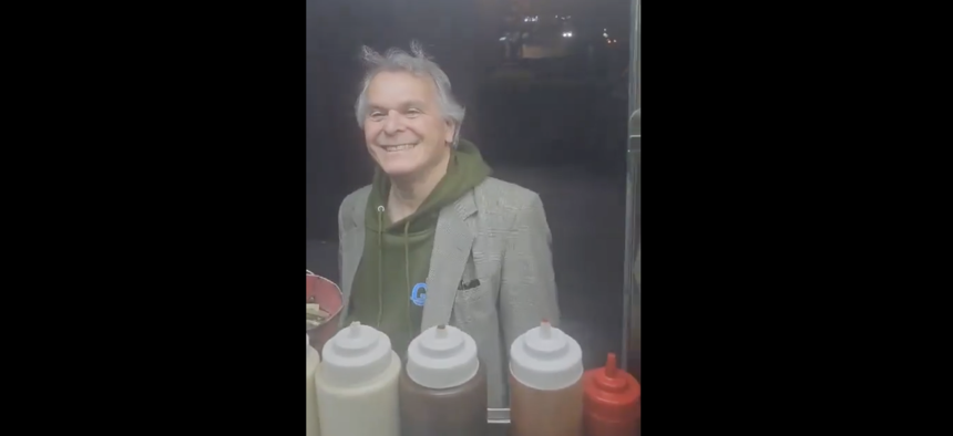 A screenshot from a video shared on social media shows a man, later identified as Stuart Seldowitz, harassing a halal cart vendor on the Upper East Side.