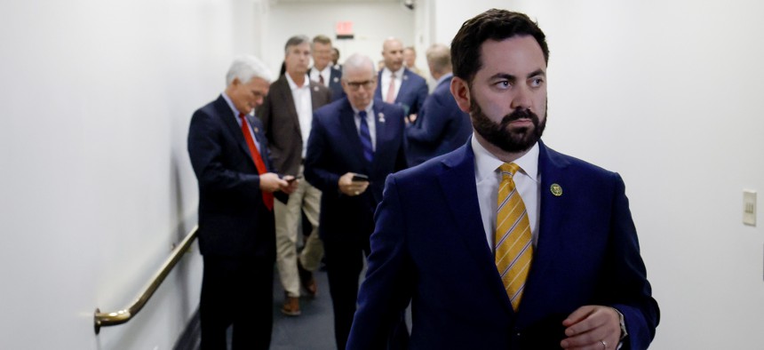 Rep. Mike Lawler departs from a meeting with House Republicans at the U.S. Capitol Building on Oct. 19, 2023.