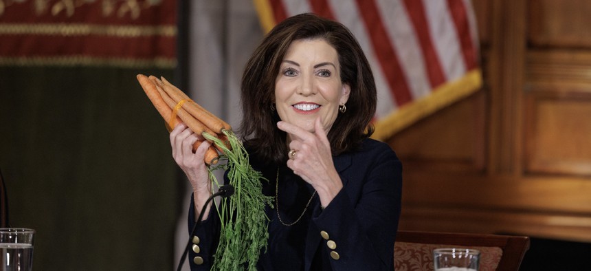 Gov. Kathy Hochul touted progress on her incentive program for housing development – brandishing literal carrots.