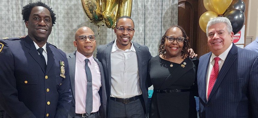 From left to right, New York City Police Department Captain Derby St. Fort; Dominic J. Dupont, Project Restore mentor/facilitator; Jarrell E. Daniels, project director at Columbia University’s Center for Justice; Assembly Member Stefani L. Zinerman and Brooklyn District Attorney Eric Gonzalez.