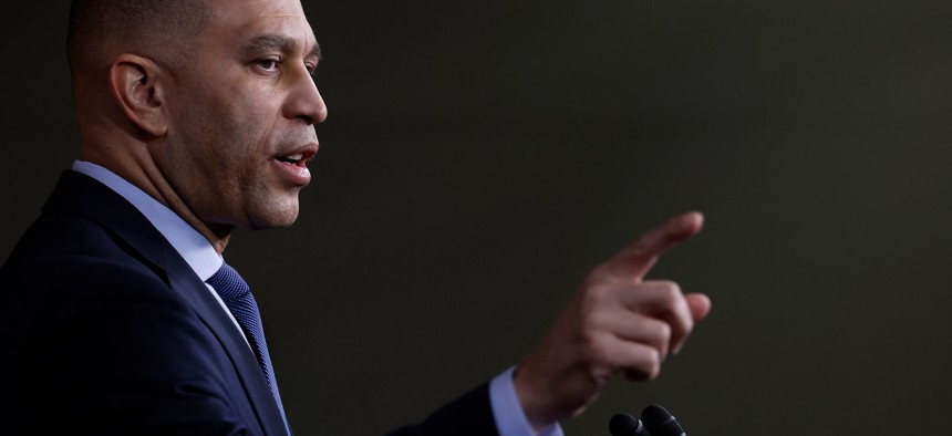 House Minority Leader Hakeem Jeffries talks to reporters at the U.S. Capitol Visitors Center on Feb. 7, 2024