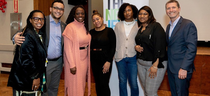From left to right: Nicole Cash, Senior Director of SkillSpring; Council Member Shaun Abreu; Senator Cordell Cleare; SkillSpring participants; and Dr. Jeffrey Farber, President & CEO, The New Jewish Home.