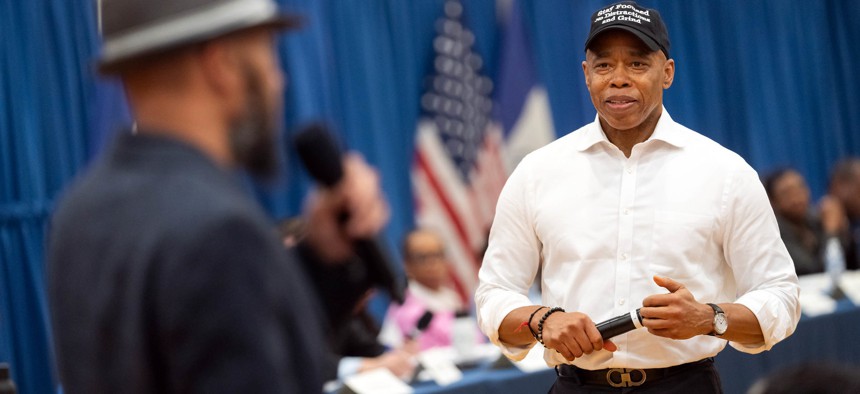 Mayor Eric Adams attends a “Talk with Eric: A Community Conversation” at Canarsie Educational Campus in Brooklyn on February 26, 2024.
