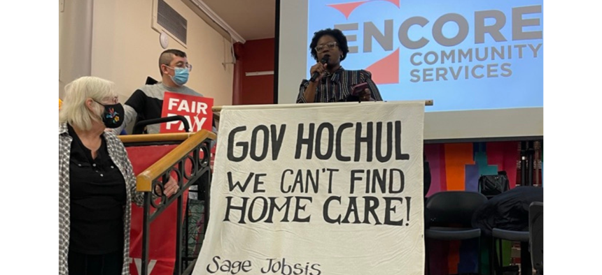 Assembly Member Phara Souffrant Forrest speaks during a rally for fair pay for home care workers.