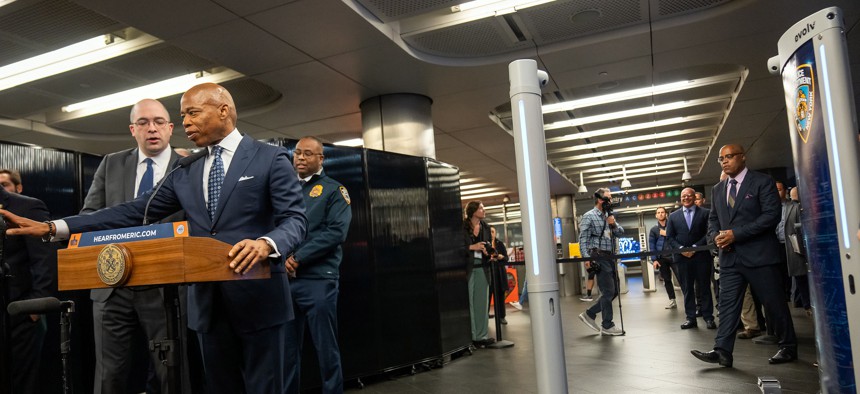 Mayor Eric Adams speaks at a demonstration of Evolv’s weapons detection scanner in the Fulton Street Subway Station on March 28, 2024.