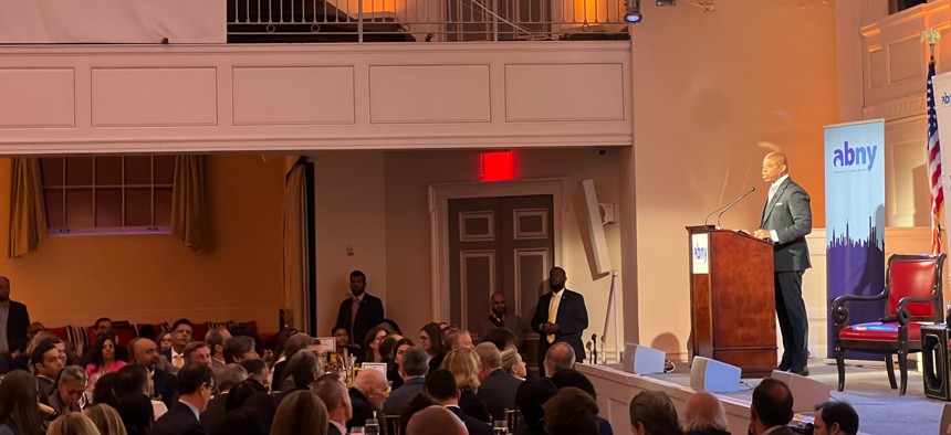 New York City Mayor Eric Adams delivers remarks at the Association for a Better New York breakfast Tuesday