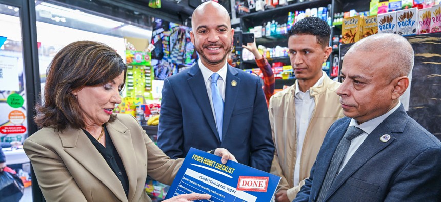Gov. Kathy Hochul brought a post-budget checklist on combating retail theft to an event.
