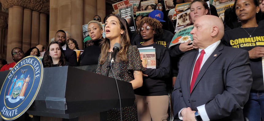 State Sen. Julia Salazar – chair of the Senate Crime, Crime Victims and Correction Committee – speaks at a rally in support of sentencing reform.