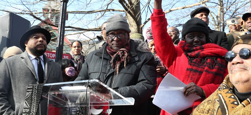 Manhattan Democratic Party chair Keith Wright attends the unveiling of the “Gate of the Exonerated” in Harlem on Dec. 19, 2022.