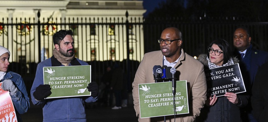 Rep. Jamaal Bowman (center) holds a press conference outside the White House with Assembly Member Zohran Mamdani (second from left) and Rep. Rashida Tlaib (second from right), both of whom have been endorsed by DSA, on Nov. 29, 2023.