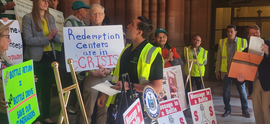 Demonstrators rally for the “Better Bottle Bill” at the state Capitol on June 3, 2024.