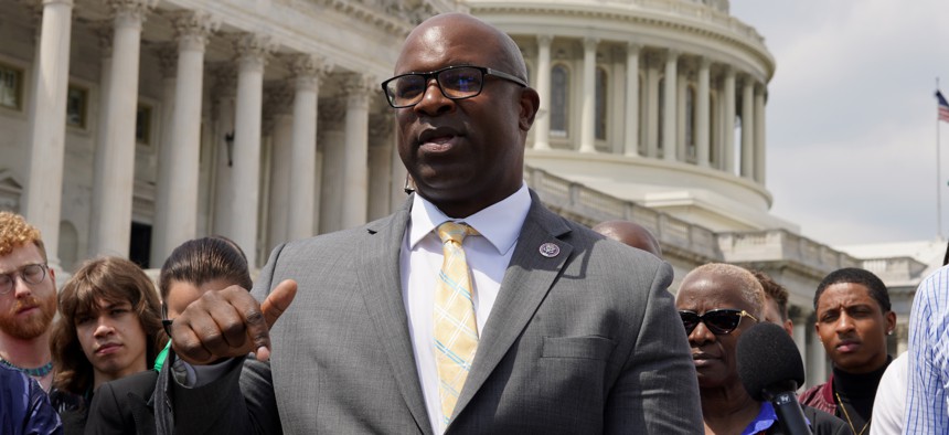 Rep. Jamaal Bowman speaks at Grammys on the Hill: Advocacy Day on April 27, 2023.