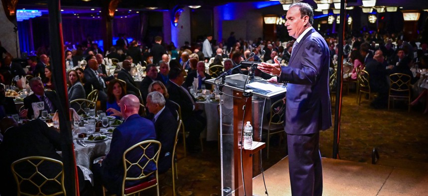 Jay Jacobs, chair of the state Democratic Party and the Nassau County Democratic Party, addresses attendees at the Nassau County Democrats’ Annual Fall Dinner on Oct. 14, 2021.