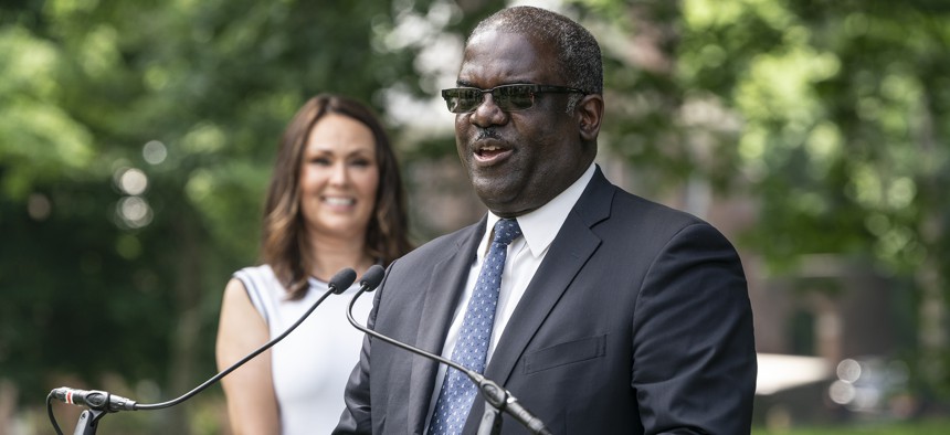 Westchester Deputy County Executive Ken Jenkins speaks at 145th Annual Westminster Kennel Club Dog Show in Tarrytown on June 8, 2021.