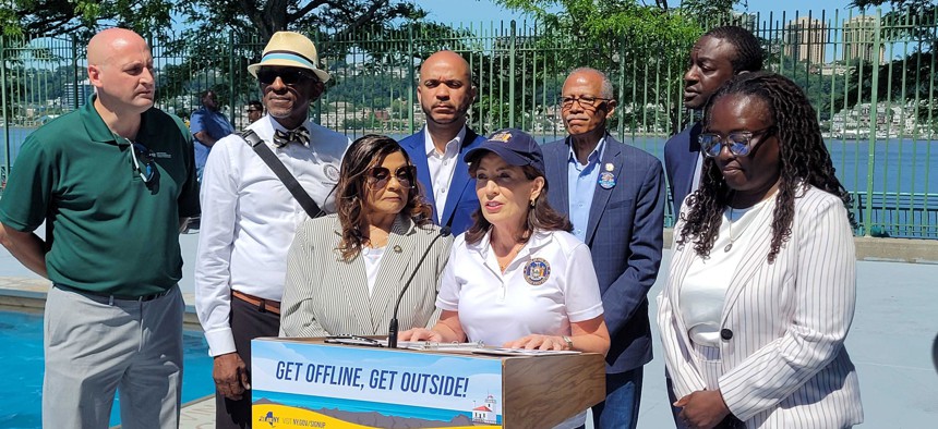 Gov. Kathy Hochul announces a new campaign to promote physical and mental health in New York City on July 2, 2024.