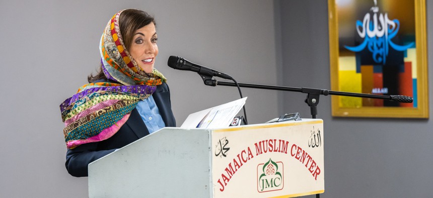 Gov. Kathy Hochul delivers remarks at the Jamaica Muslim Center on April 21, 2020.