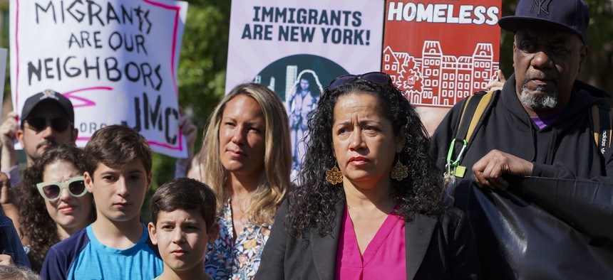 City Council Member Alexa Avilés spoke out against shelter limits during a rally Wednesday.