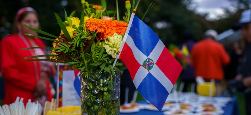A floral arrangement from New York City Mayor Eric Adams’ reception celebrating the Hispanic Heritage Month at Gracie Mansion on Tuesday