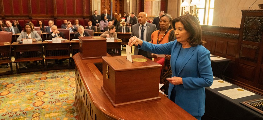 Gov. Kathy Hochul presides over the New York Electoral College vote on Dec. 17, 2024.