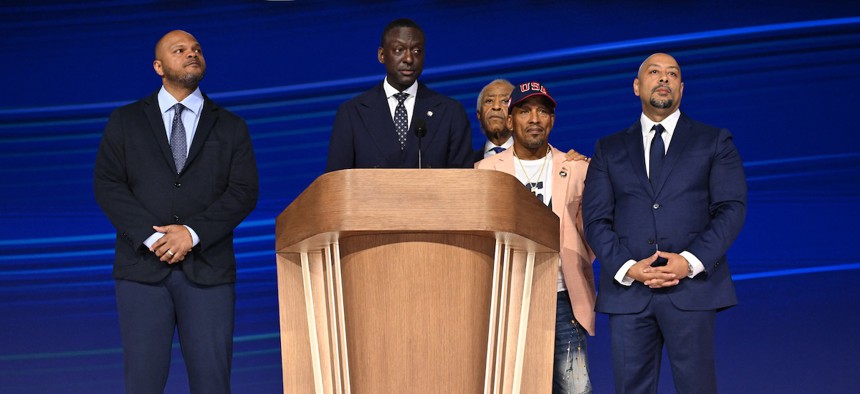 Raymond Santana, right, is considering a run for New York City Council. Here he’s pictured at the Democratic National Convention with, from left, the Exonerated Five’s Kevin Richardson and Yusef Salaam, the Rev. Al Sharpton, and the Exonerated Five’s Korey Wise.