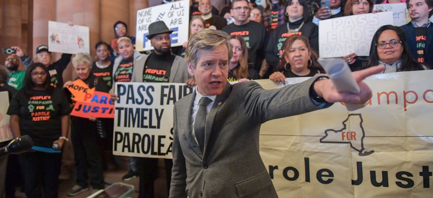State Sen. Brad Hoylman-Sigal speaks at a rally in support of parole reform bills on Jan. 23, 2024.