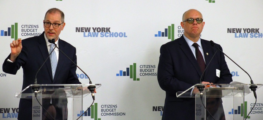 New York City Council Member Justin Brannan, right, and Manhattan Borough President Mark Levine squared off Tuesday in a debate-style forum as they vie to be New York City’s next comptroller.