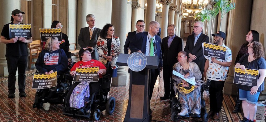 State Sen. Leroy Comrie speaks at a home health care rally in the state Capitol on TK, 2025.