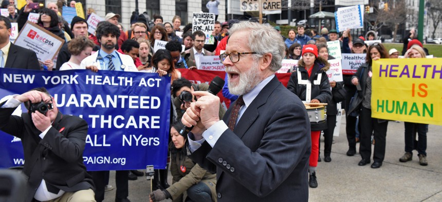 Assembly Member Richard Gottfried speaks at New York Health Act rally outside the state Capitol on April 4, 2017.