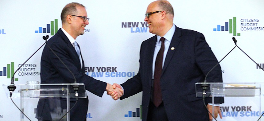 New York City comptroller candidates Mark Levine, left, and Justin Brannan are working on solidifying their coalitions as the Democratic primary nears.