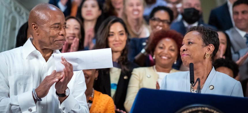 New York City Mayor Eric Adams and City Council Speaker Adrienne Adams announce their first budget agreement in 2022.