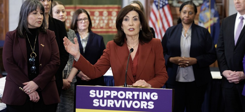 Gov. Kathy Hochul convenes a roundtable discussion with survivors, advocates and law enforcement on March 24, 2025.