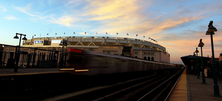 A subway train passes Yankee Stadium during the 2009 MLB Playoffs at Yankee Stadium on Oct. 25, 2009.