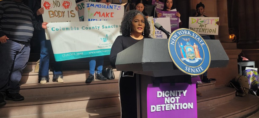 Assembly Member Karines Reyes speaks at a rally in support of the Dignity Not Detention Act on April 2, 2025.
